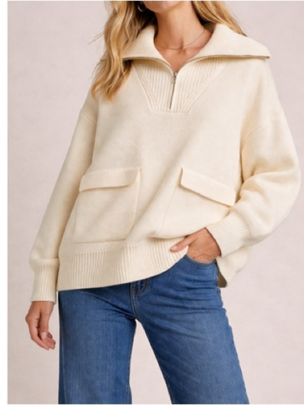 Anthropologie Cream Knit Half-Zip Pocket Sweater xs relaxed oversized casual co